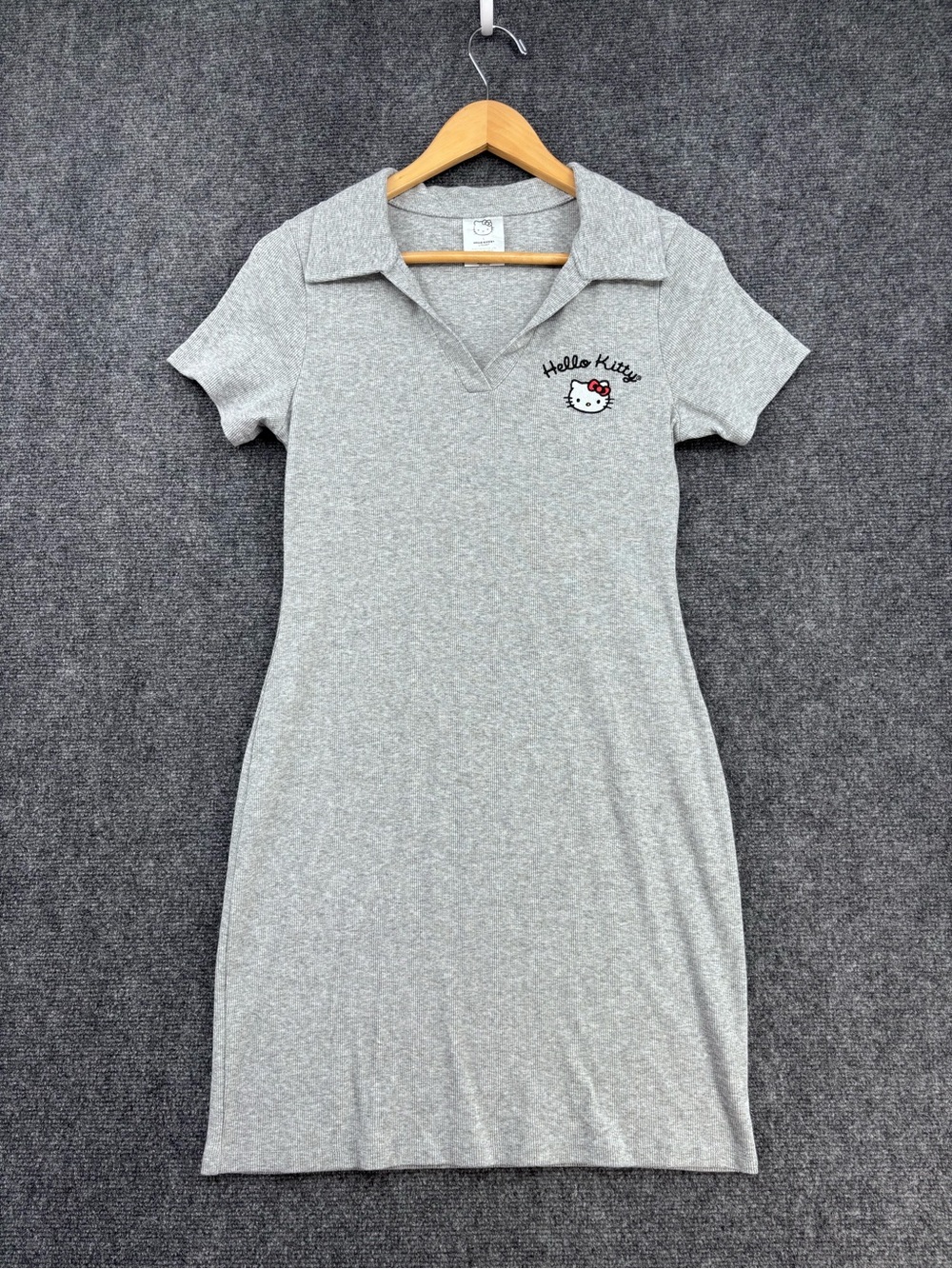 Sanrio Hello Kitty Kawaii Y2K Heather Gray Ribbed Fitted Polo Dress Women’s L